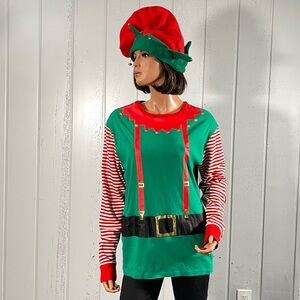 * Elf  Unisex Long Sleeve Top With  Hat Sz L